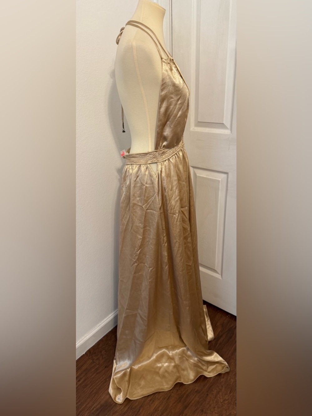 FREE PEOPLE LOOK INTO THE SUN PLUNGING NECKLINE GOWN MAXI GOLD OPEN BACK LARGE - Picture 6 of 16